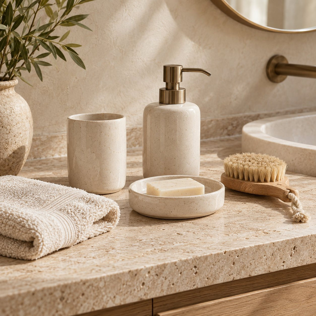 Bathroom Essentials collection: a ceramic soap dispenser, tumbler, soap dish and natural brush