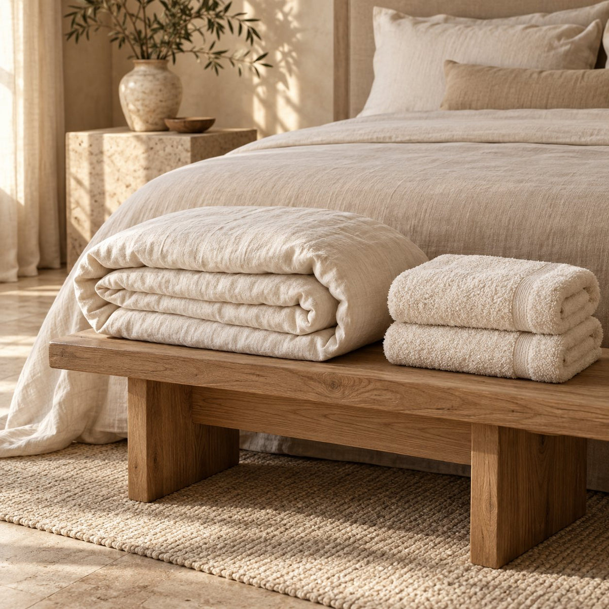 Bedding & Bath collection: folded ivory bedding and soft cream towels beside a linen bed