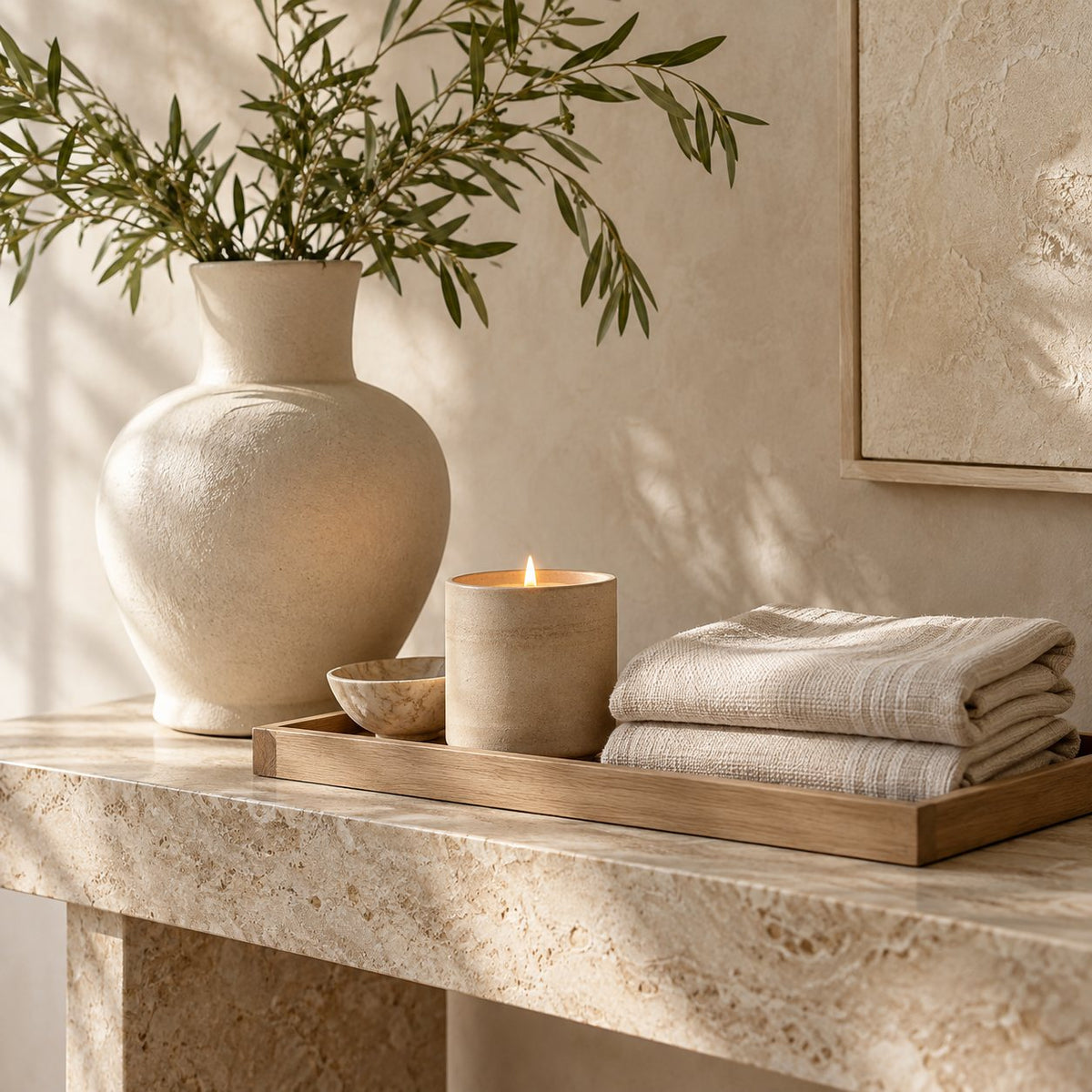 Best Sellers collection: an ivory vase, ceramic candle, folded linens and a pale oak tray