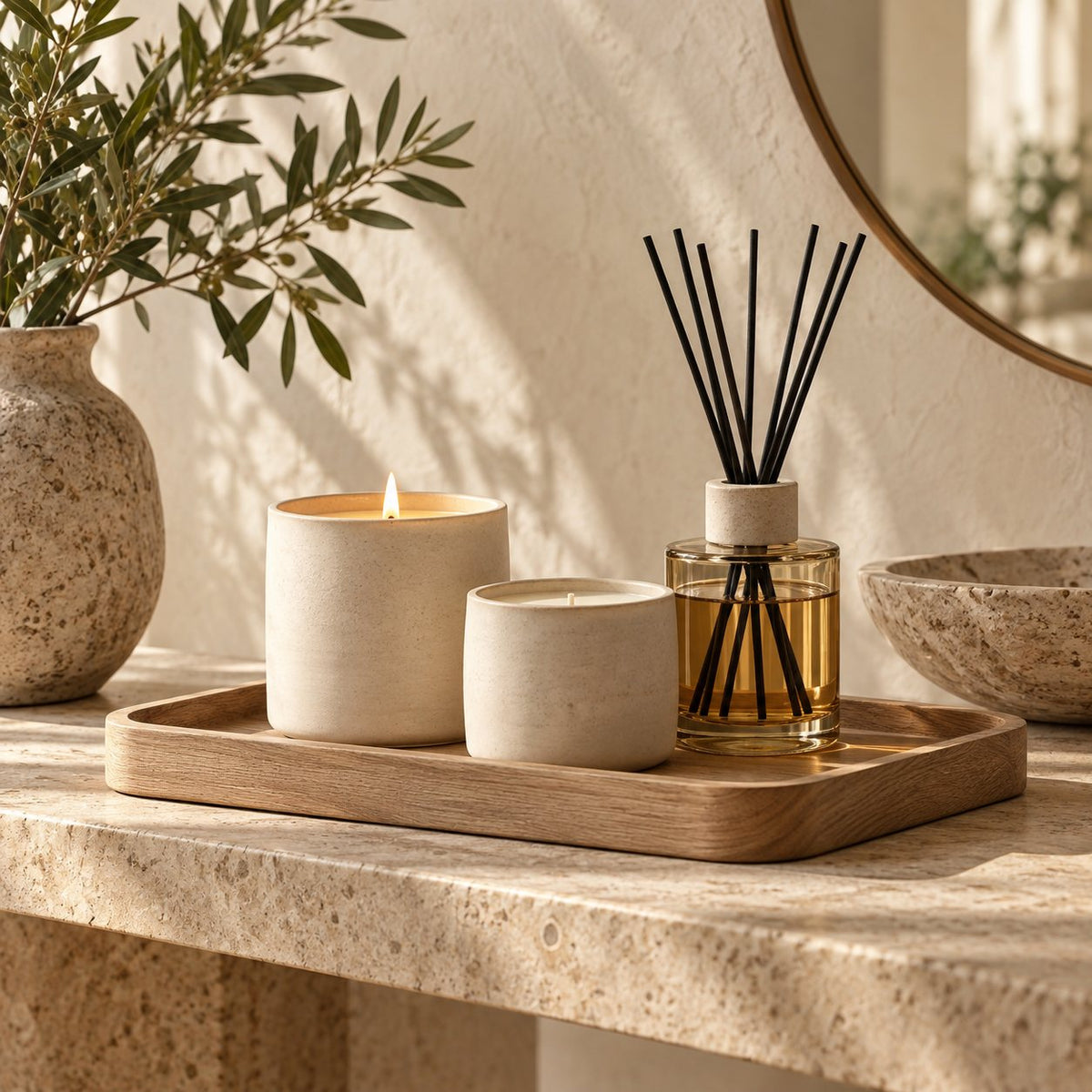 Candles & Home Fragrance collection: ivory candles and a reed diffuser on an oak tray
