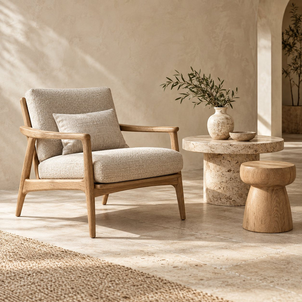 Furniture & Accent Pieces collection: an oak accent chair, stone side table and rounded stool