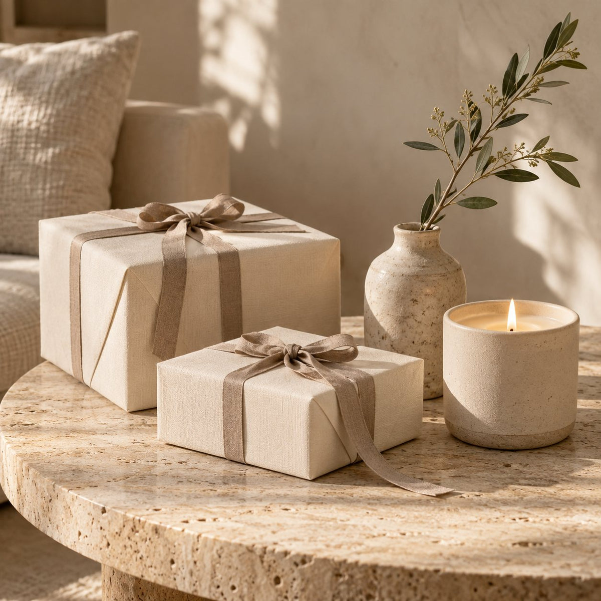 Gifts & Occasions collection: ivory gift boxes with taupe ribbons, a candle and a small vase