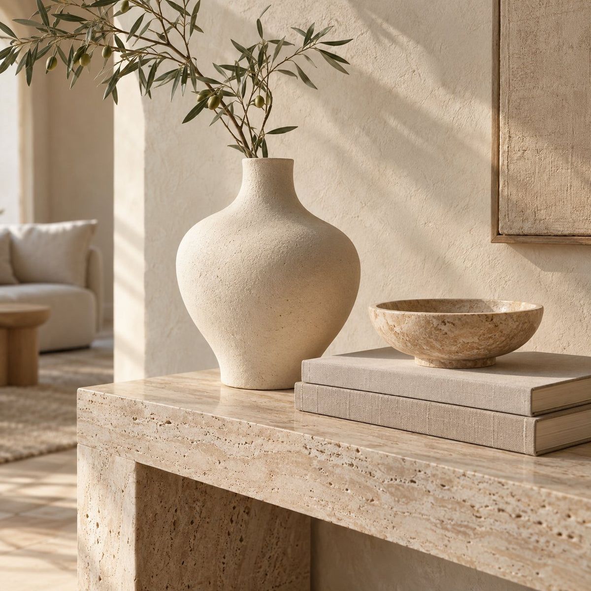 Home Décor collection: an ivory sculptural vase and stone bowl on a travertine console