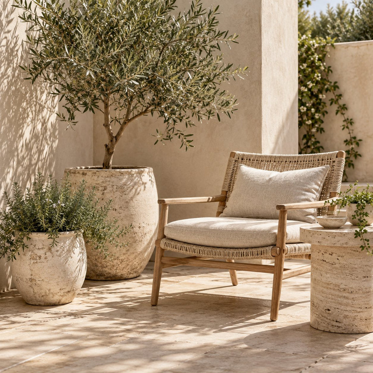 Outdoor & Garden collection: stone planters, an olive tree and a woven outdoor chair