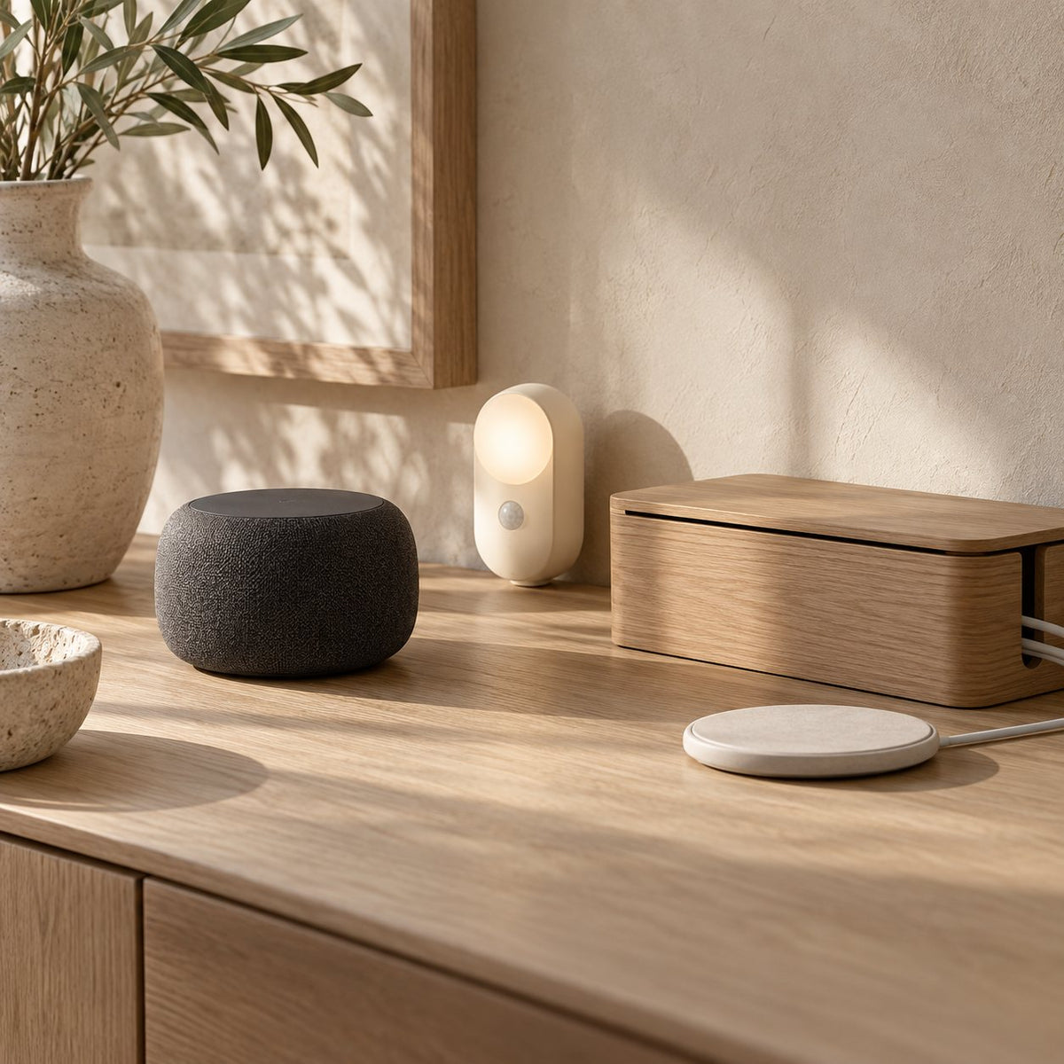 Smart Home & Gadgets collection: a speaker, sensor light, charging pad and cable organiser