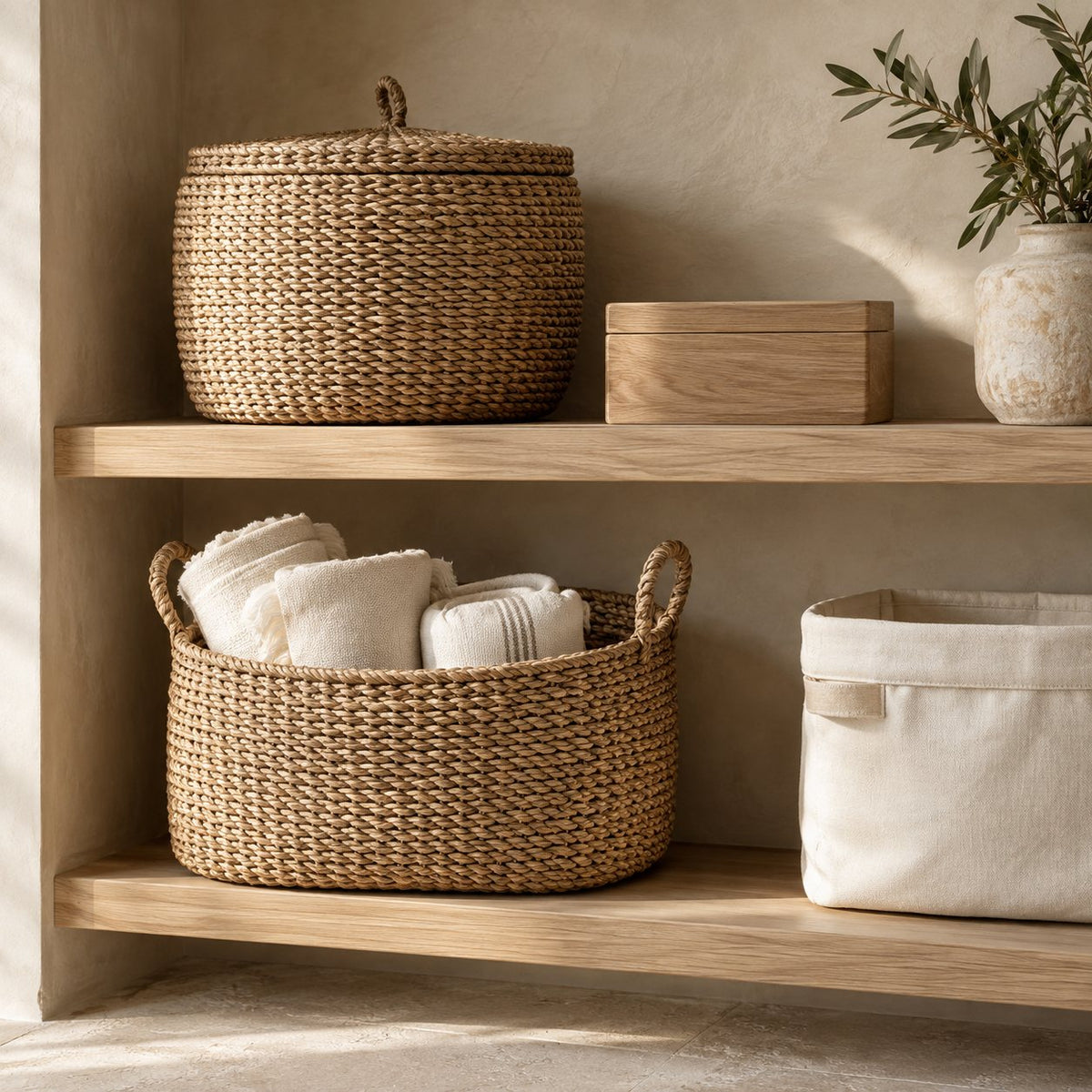Storage & Organization collection: woven storage baskets, cream linens and an oak box
