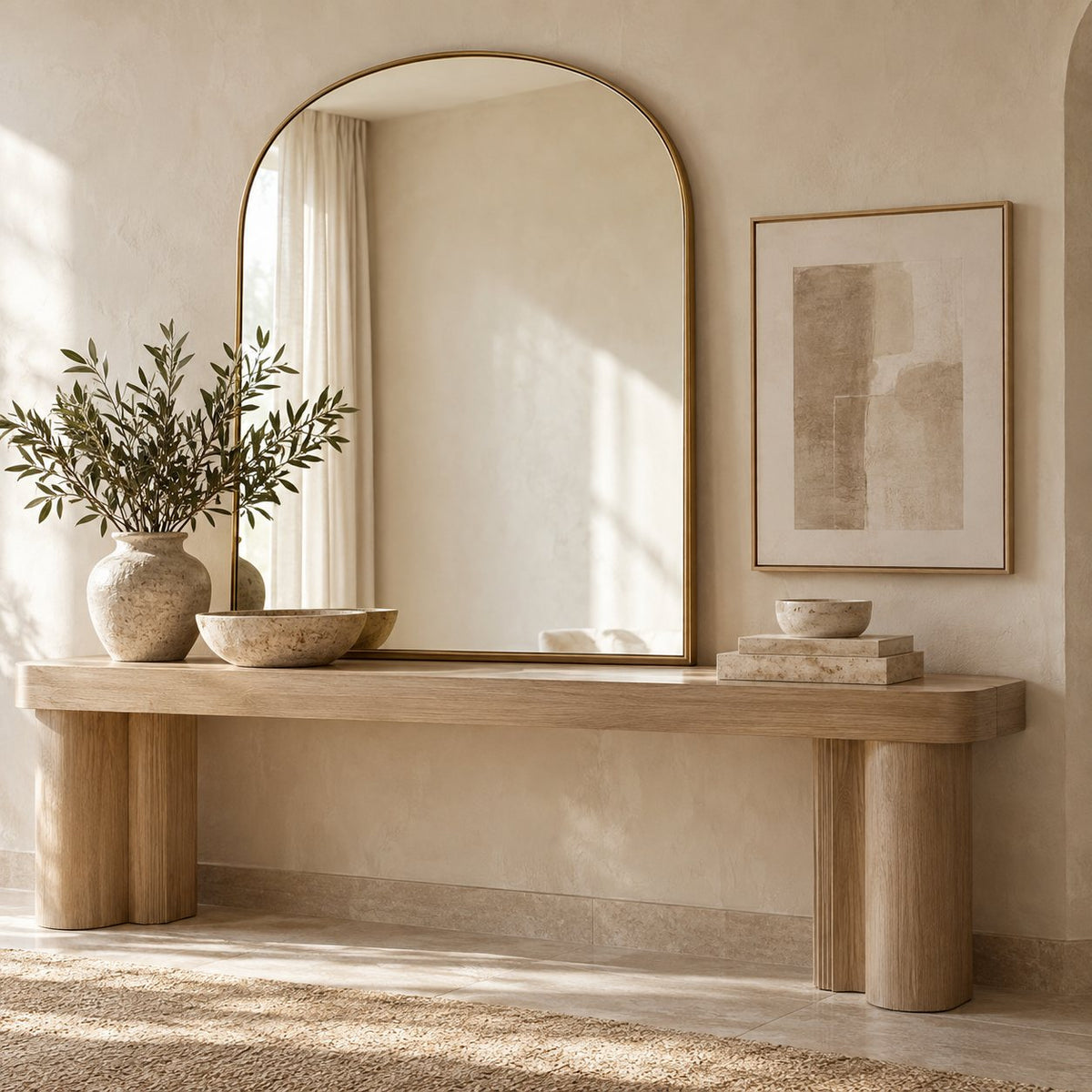 Wall Décor & Mirrors collection: an arched brass mirror and neutral abstract artwork