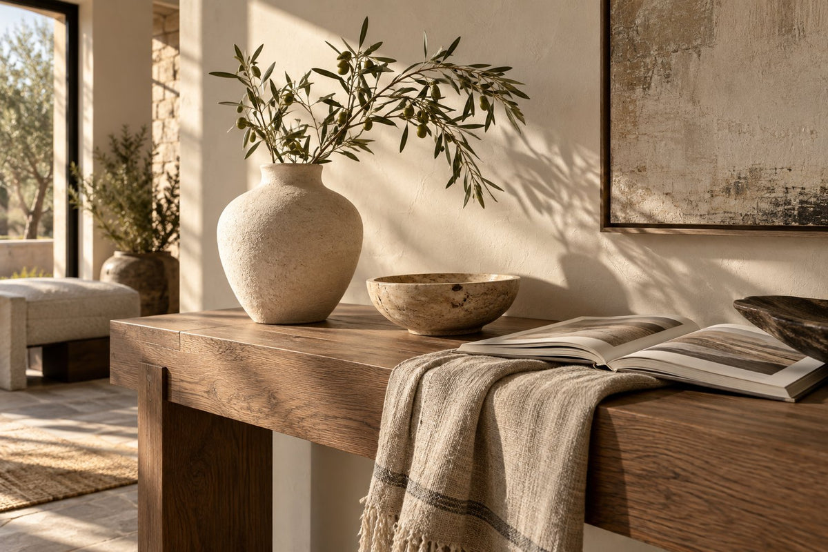 A thoughtful arrangement of neutral ceramics, linen and natural textures